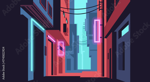Vibrant neon lit urban alleyway at night with futuristic city atmosphere.