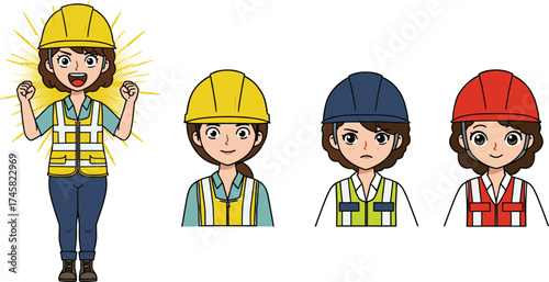 Cartoon female construction worker, safety helmet, vest colors, emotional expressions, confident pose, character diversity, vector illustration, jobsite, tools, gear