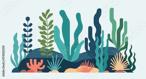 Vibrant underwater scene with diverse marine plants and corals.