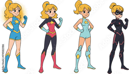 Cartoon female superhero, costume variations, confident pose, star symbol, mask, gloves, boots, vector illustration, action stance, character design