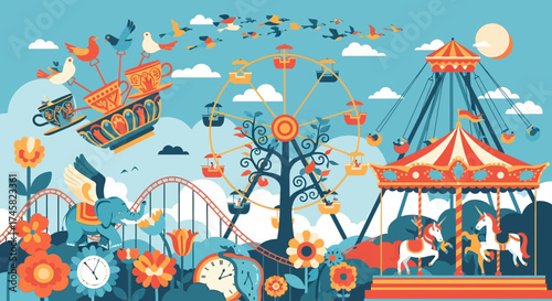 Whimsical Amusement Park Illustration with Carnival Rides.