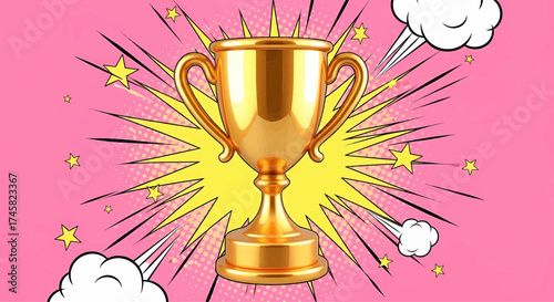 Pop art comic style vector art of a golden cup prize, a shining trophy award for a winner's victory success