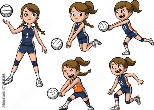 Cartoon female volleyball player, action pose, serve, spike, pass, dig, athletic movement, jersey, knee pads, vector illustration, sport