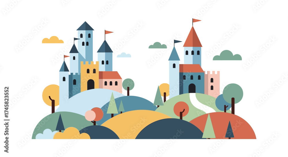 Fototapeta premium Whimsical Cartoon Castles on Rolling Hills Illustration.