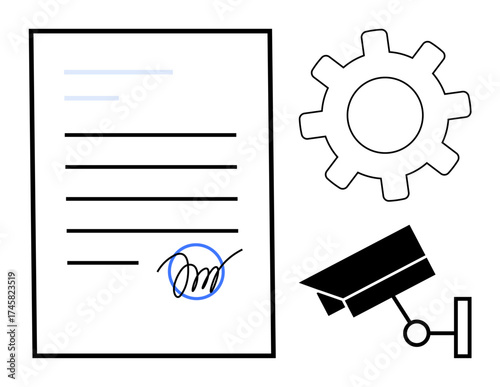 Signed paper, gear, and surveillance camera highlight compliance, security, and system monitoring. Ideal for workflow, regulation, protection contract technology control authority. Simple flat