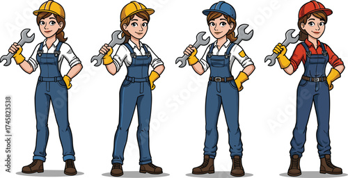 Cartoon female mechanics, wrench in hand, safety gear, hard hats, gloves, overalls, confident pose, skilled trades, vector illustration, teamwork