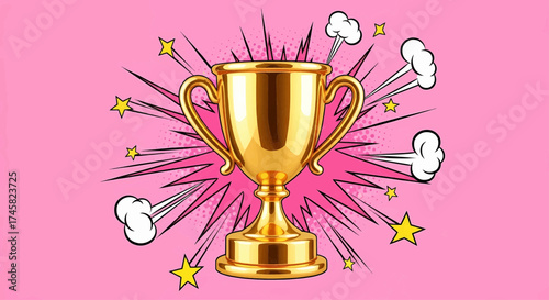 Winner's golden cup trophy award celebrating victory, success and achievement in a pop art comic style
