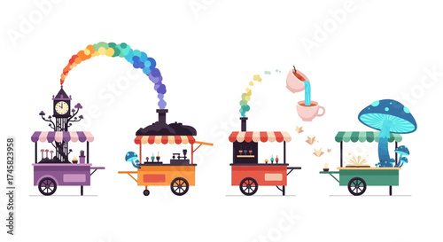 Whimsical Food Carts with Colorful Smoke and Unique Designs.