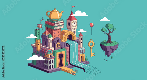 Whimsical Floating Castle with Teapot, Books, and Key in Fantasy Setting.