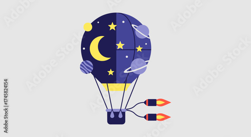 Whimsical hot air balloon adorned with celestial bodies and rocket propulsion.