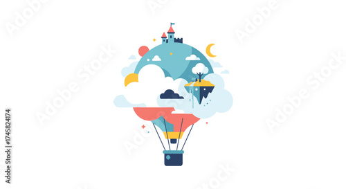 Whimsical hot air balloon floating through a fantasy world with clouds.