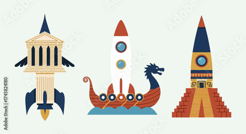 Whimsical Fusion - Architectural Icons Reimagined as Rockets and Viking Ship.