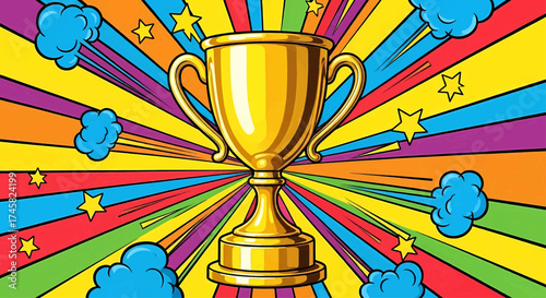 Pop art comic style trophy for a winner's victory, golden cup award for success achievement. Vector illustration