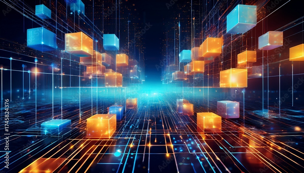 Obraz premium graphic cubes and color with technology blockchain and visualisation for crypto innovation abstract cyberspace and big data with internet software or network database for futuristic system