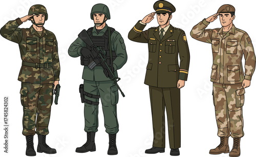 Set of military soldiers in different uniforms saluting, army officer and commando illustration, armed forces men character vector design for defense concept