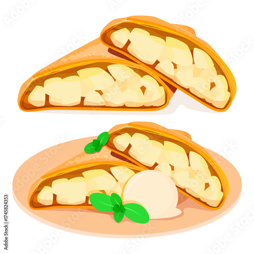 Apple Strudel Slices with Ice Cream and Mint
