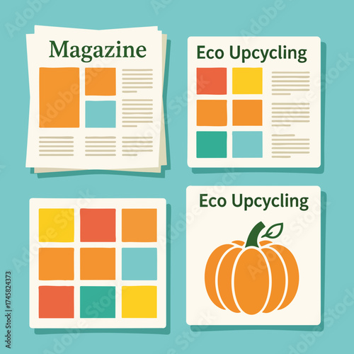 A graphic illustration of eco upcycling concepts with a magazine layout and pumpkin icon. Sustainability and creative reuse design flat lay