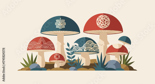 Whimsical Mushroom Gathering with Intricate Patterns.