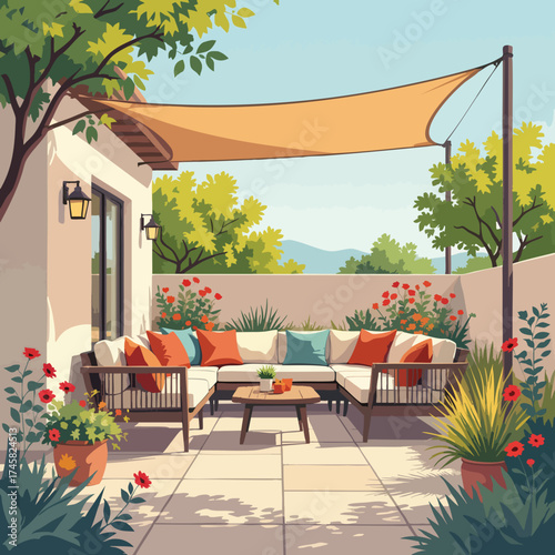 Modern backyard patio with outdoor furniture under a sun sail shade. Stylish residential garden with a comfortable lounge sofa for relaxation. Outdoor living and home improvement concept illustration