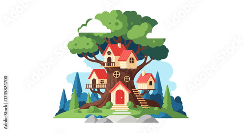 Whimsical treehouse illustration showcasing a charming dwelling nestled amidst lush foliage.