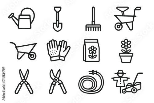 Gardening tools icon set: watering can, shovel, rake, wheelbarrow, gloves, flower pot