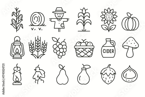 Black and white autumn harvest icons: corn, scarecrow, sunflower, pumpkin, cider, pear, strawberry, mushroom