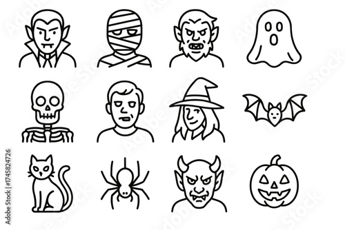 Halloween icons: vampire, mummy, werewolf, ghost, skeleton, witch, bat, cat, spider, devil, pumpkin