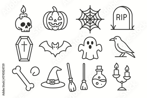 Halloween icons: skull, pumpkin, spider web, tombstone, coffin, bat, ghost, crow, bone, witch hat, broom, potion, candlesticks