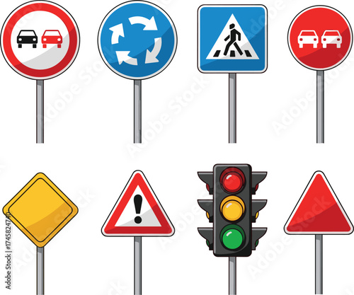 Traffic road signs and signal lights collection vector, driving rules and safety regulation symbols illustration for transportation education, warning, and highway awareness design