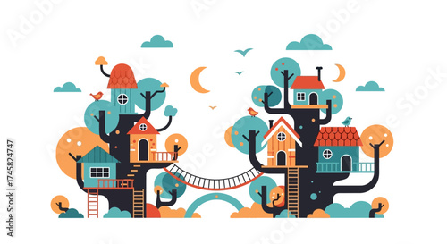 Whimsical Treehouse Village with a Connecting Rope Bridge.
