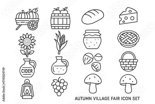 Autumn village fair icon set: harvest, food, festival, outline, collection