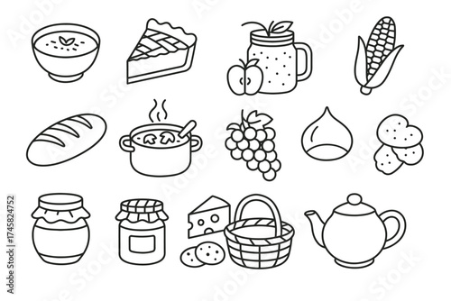 Assorted food icons: soup, pie, juice, corn, bread, jam, cheese, tea