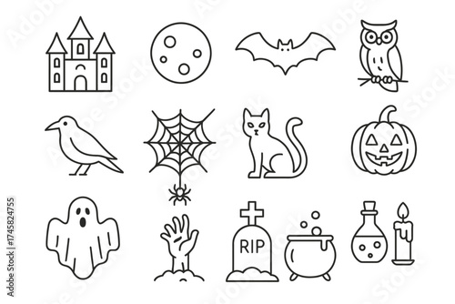 Halloween icon set featuring castle, moon, bat, owl, pumpkin, cat, spider web, ghost, and tombstone
