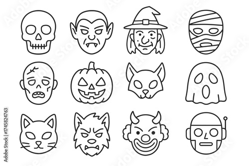 Halloween icon set featuring vampires, skeletons, pumpkins, and more
