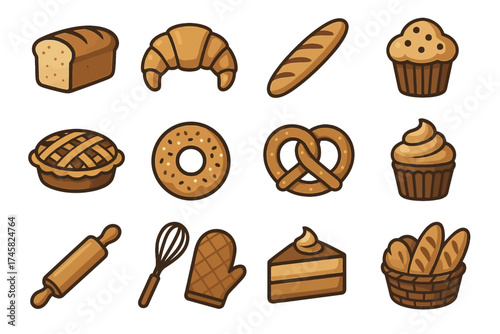 Assorted bakery items: bread, croissant, muffin, pie, donut, pretzel, cupcake, tools