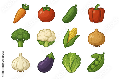 Colorful cartoon vegetable collection: carrot, tomato, cucumber, and more