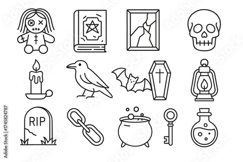 Halloween icons: voodoo doll, skull, bat, crow, coffin, tombstone, potion, candle