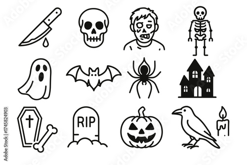 Spooky halloween icons: knife, skull, zombie, ghost, bat, spider, skeleton, pumpkin, crow, haunted house