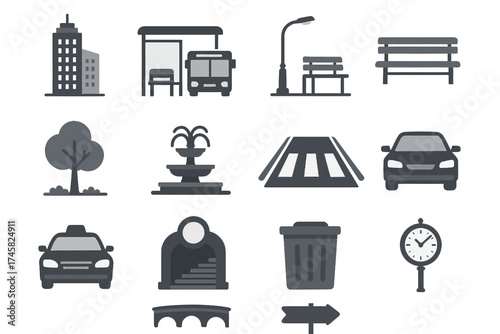 Urban icon set featuring public transport, parking, parks, and street elements