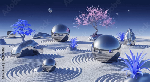 Zen Garden with Spheres and Trees in a Serene Landscape.