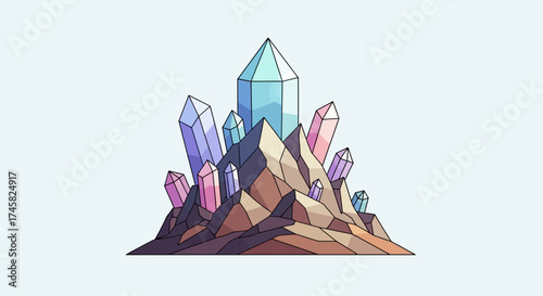 A cluster of colorful crystals growing from a rocky formation.