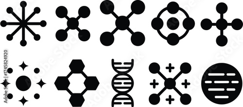 Set of ten dna strands and molecular structures in black and white editable eps vector minimal silhouette design for scientific research graphics biotech posters or infographics