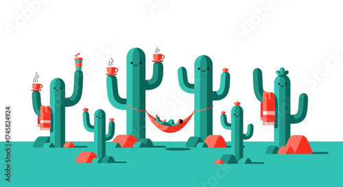 A cheerful group of anthropomorphic cartoon cacti relaxing together.