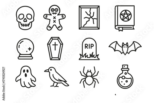 Halloween icons: skull, ghost, bat, witch book, crystal ball, and more eerie symbols