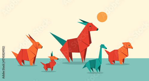A Collection of Colorful Geometric Origami Animals.
