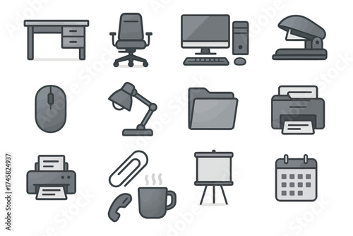 Office equipment icons set featuring desk, chair, computer, and printer