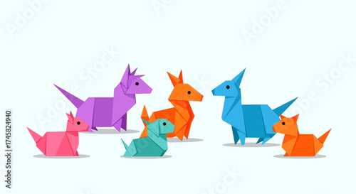 A collection of vibrant and colorful origami paper animals.