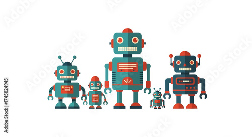 A collection of five colorful retro robots of varying sizes standing together.