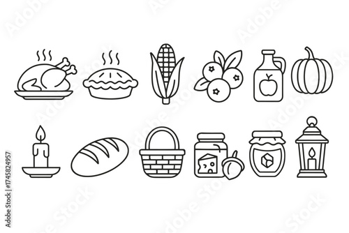 Thanksgiving harvest outline icons featuring turkey, pie, corn, and seasonal elements