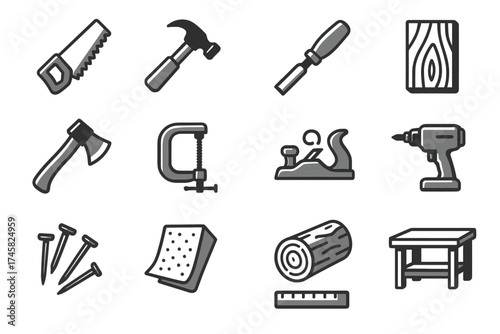 Carpentry tools collection: hammer, saw, axe, drill, chisel, plane